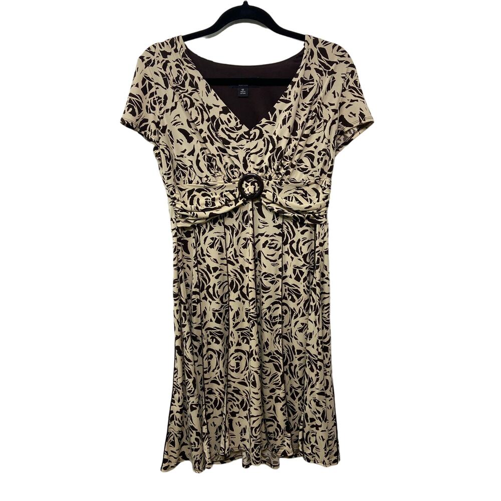Perceptions‎ Abstract Short Cap Sleeve Midi A-Line Dress Beige Women's Size 12